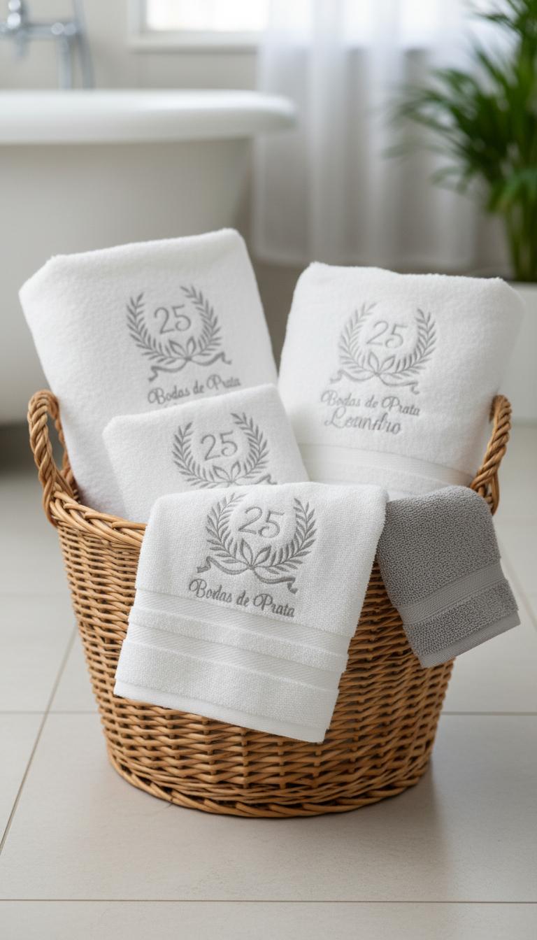 25th Anniversary Bodas de Prata embroidered towel set in a basket