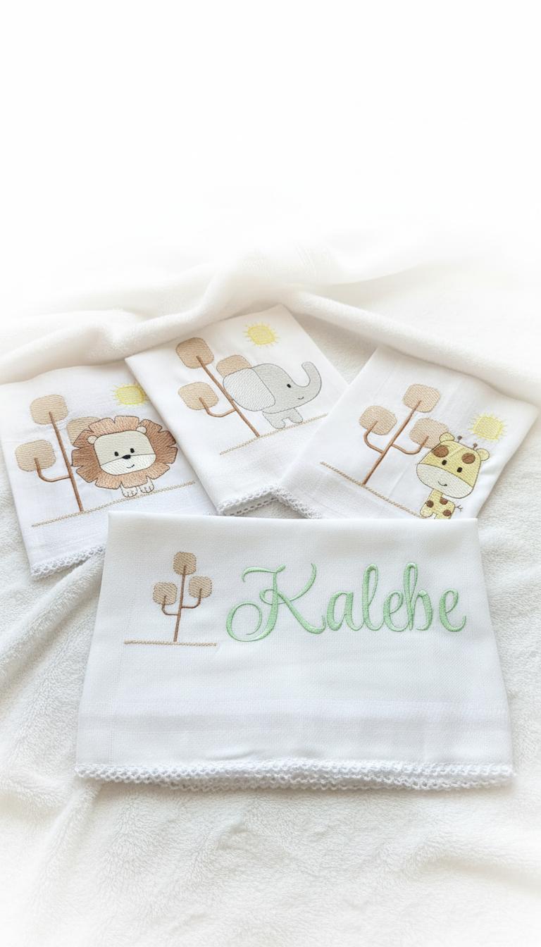 Baby cloths embroidered with safari animals and name Kalebe