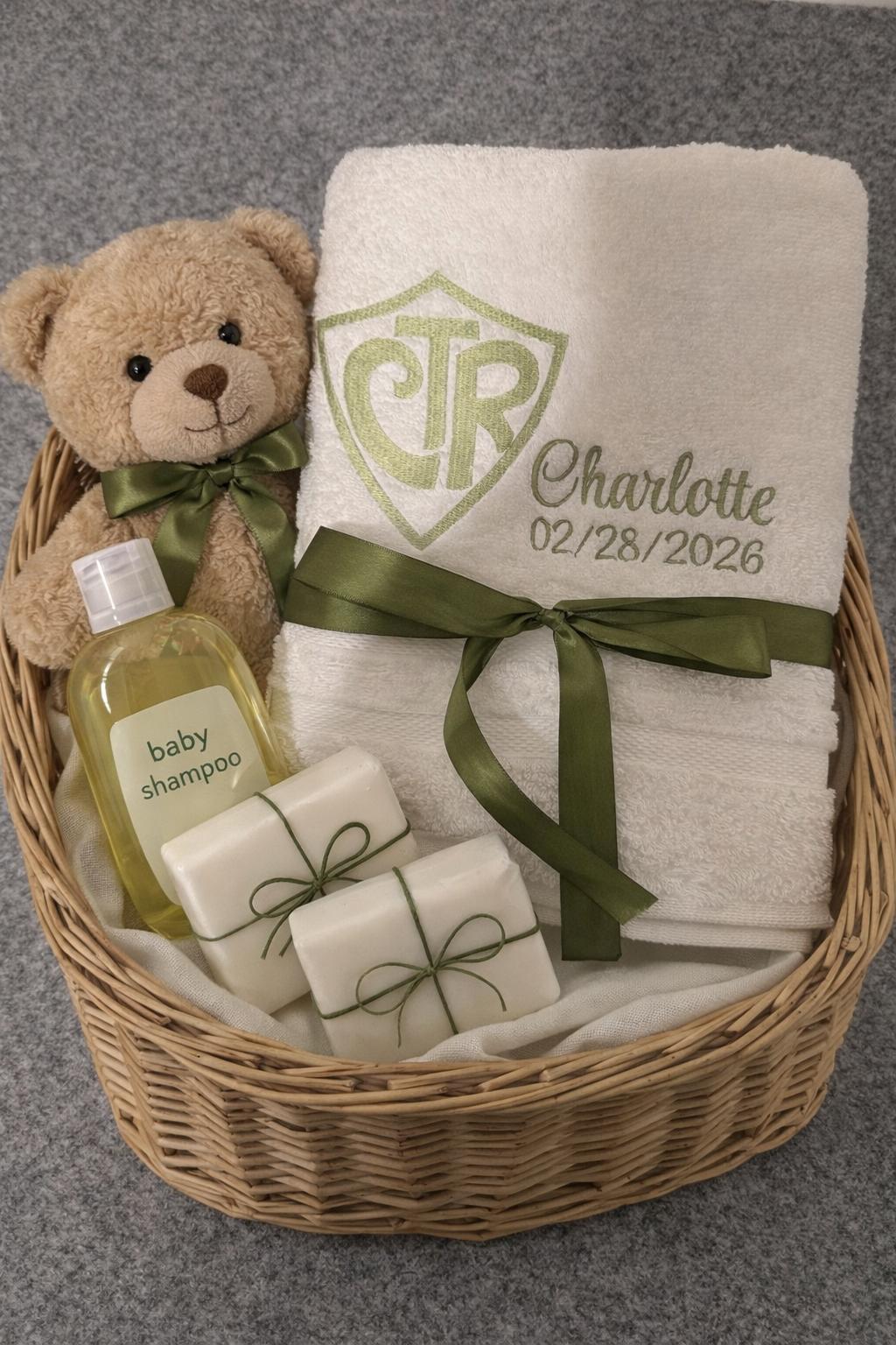 Baptism gift basket with CTR towel for Charlotte and teddy bear