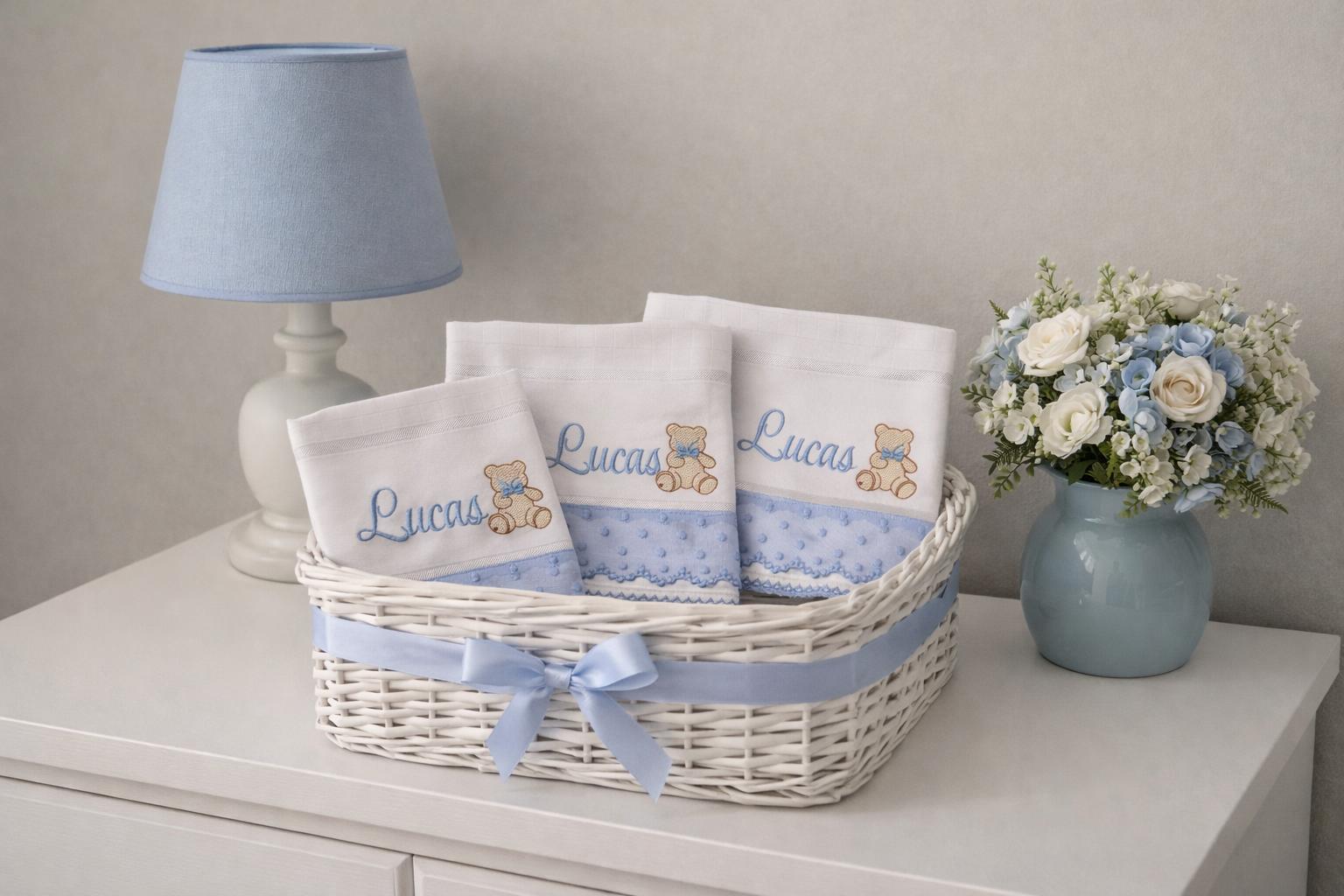 Baby gift basket with teddy bear embroidered cloths personalized Lucas