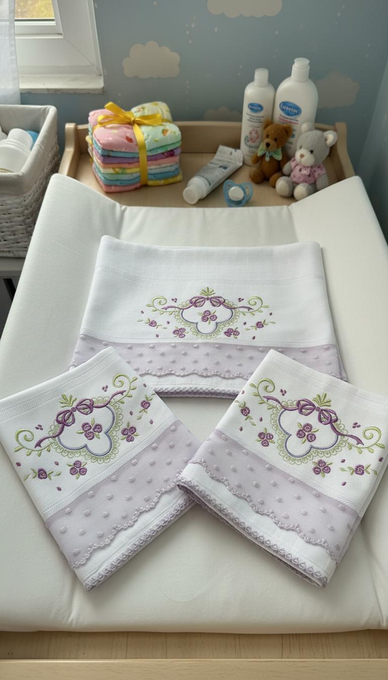 Delicate floral embroidered cloth set in lilac tones