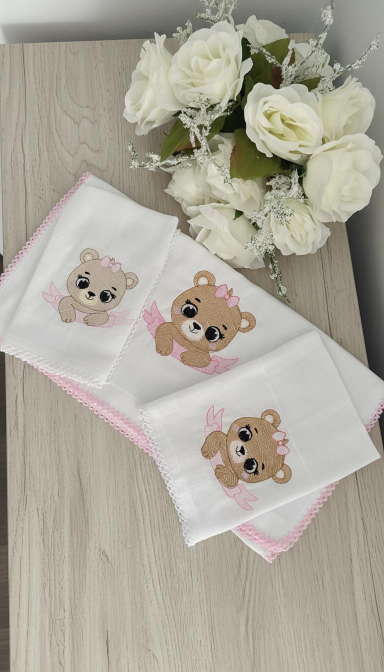 Baby cloth set embroidered with sweet teddy bears and pink trim