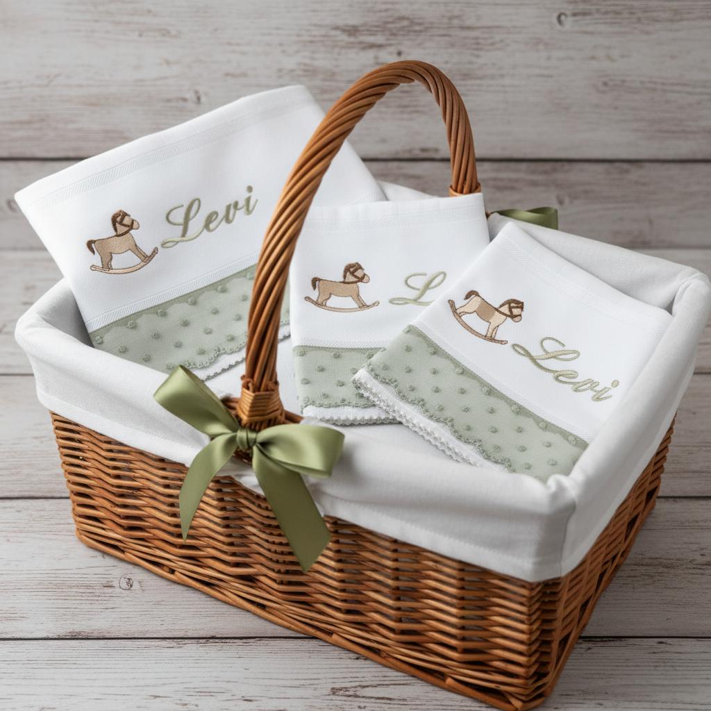 Baby gift basket with rocking horse embroidered cloths personalized Levi