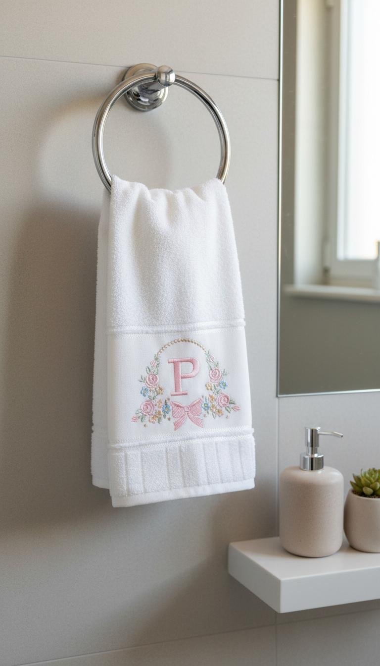 White bath towel with delicate floral monogram letter P