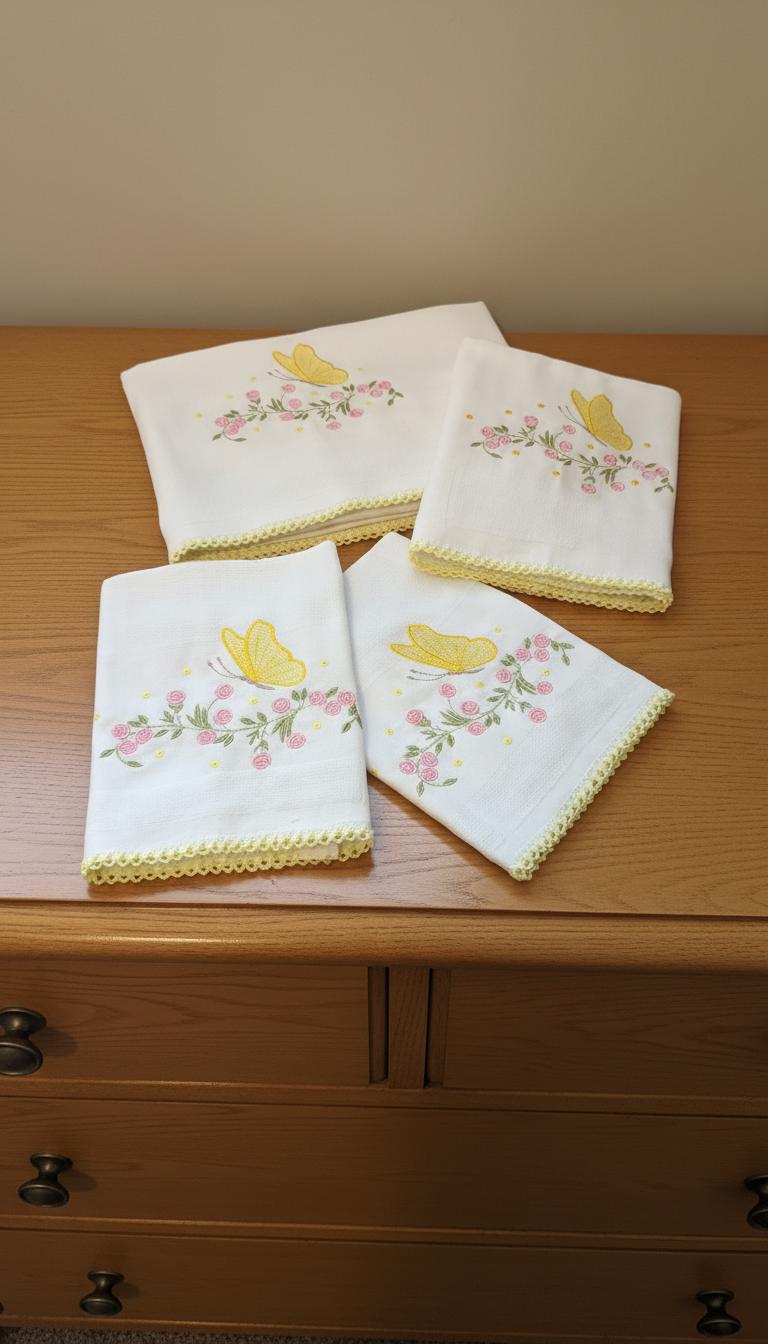 Embroidered cloths with butterflies and pink roses, yellow trim