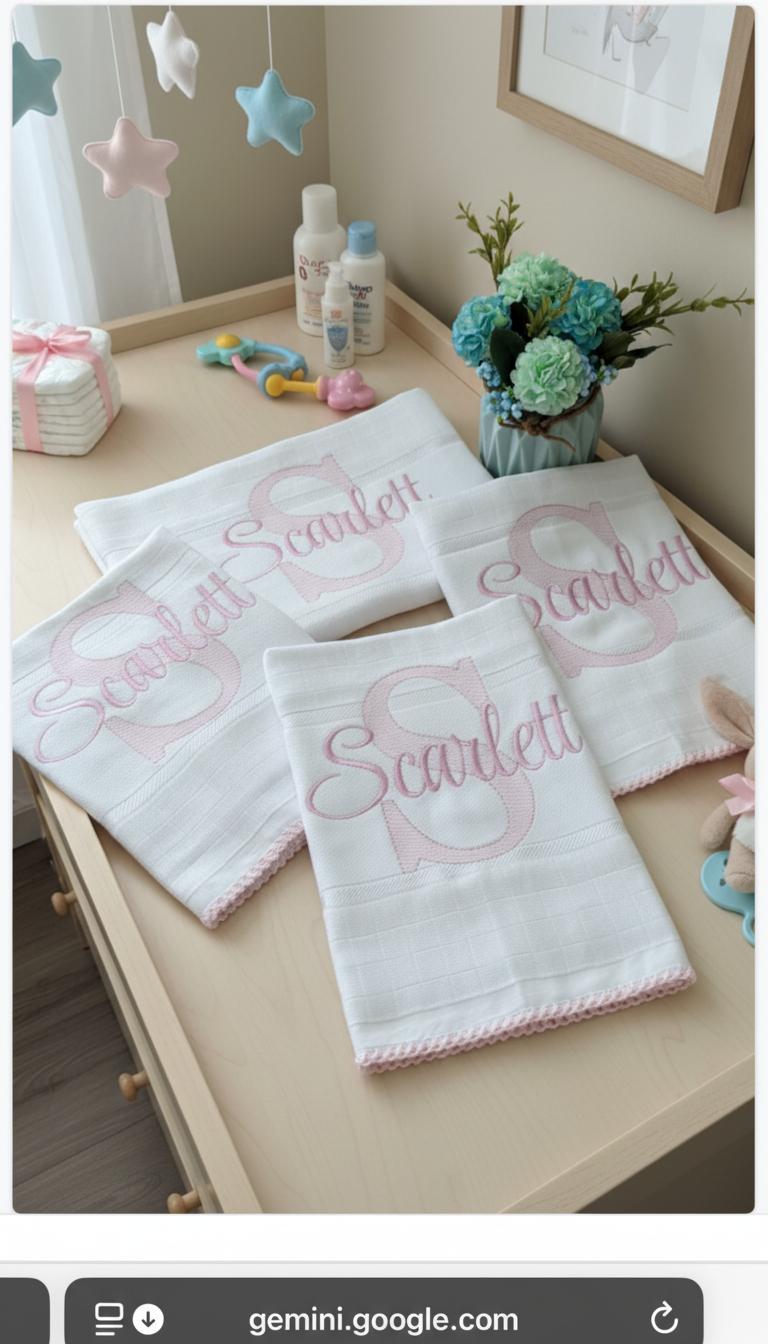Baby cloths with large pink Scarlett monogram embroidery