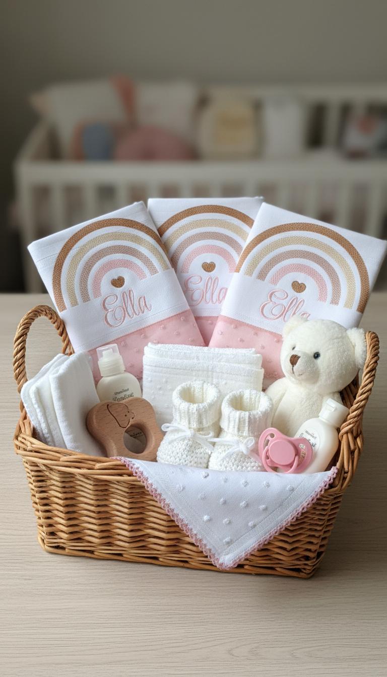 Baby gift basket with rainbow-embroidered cloths personalized Ella
