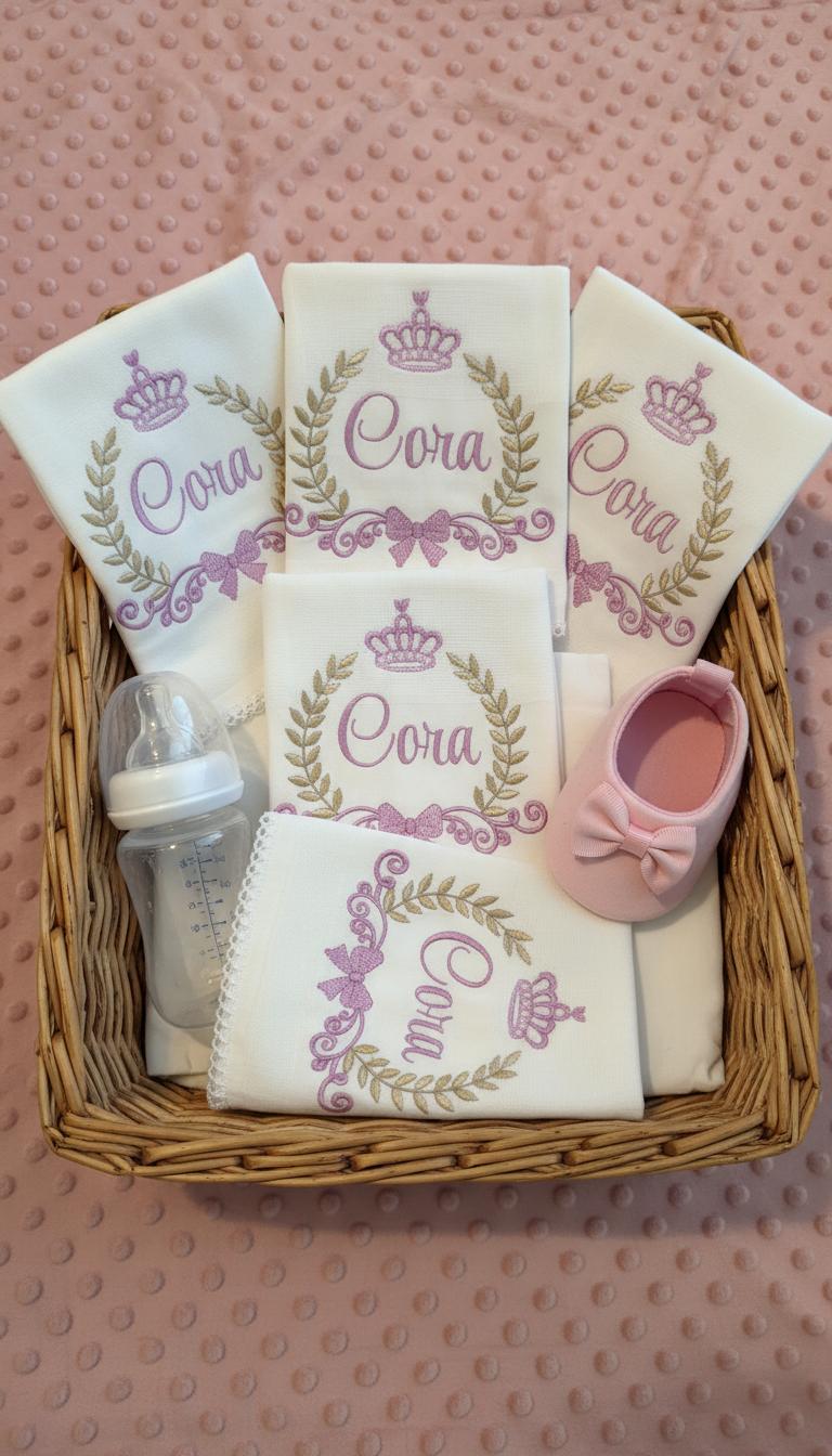 Gift basket with personalized embroidered baby cloths