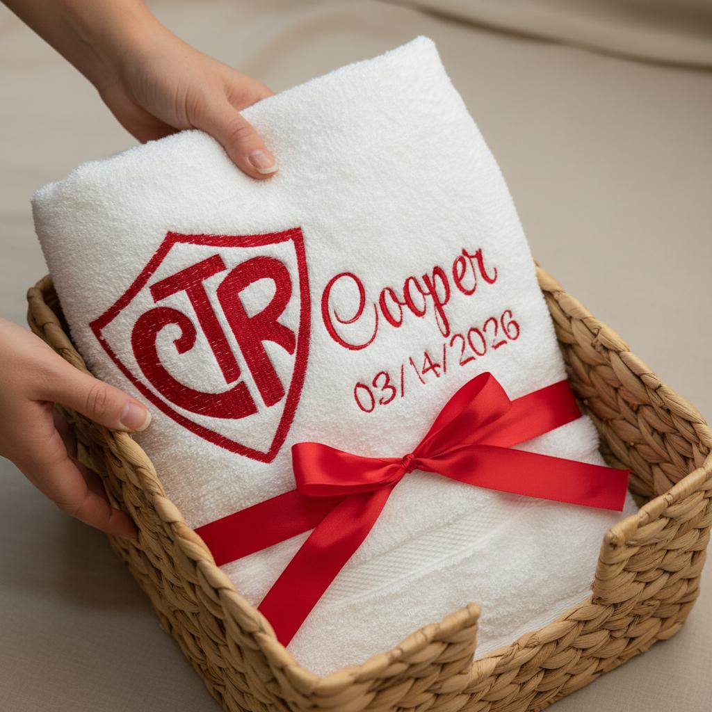 CTR baptism towel embroidered for Cooper in red
